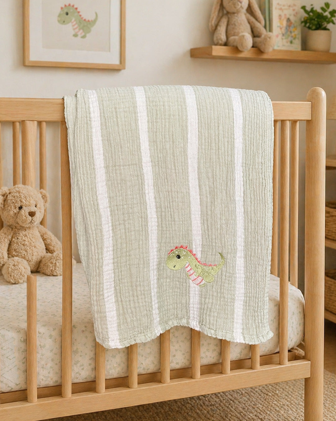 Dinasour Embroidered Muslin Baby Blanket
