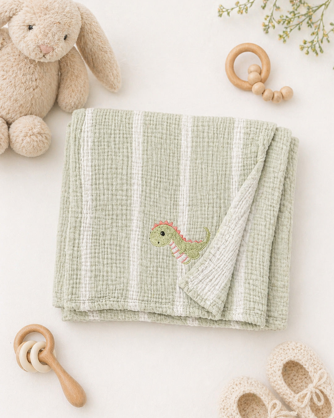 Dinasour Embroidered Muslin Baby Blanket