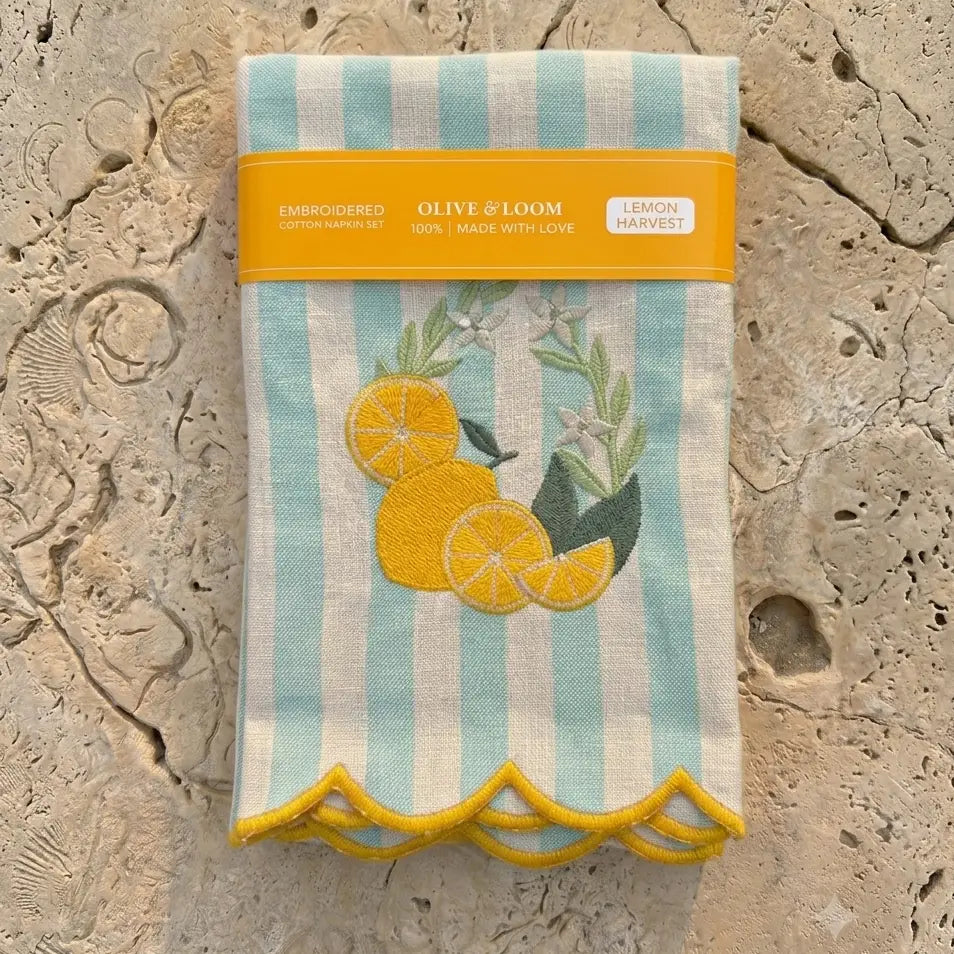 Lemon Harvest Embroidered Dinner Napkins, Set of 4