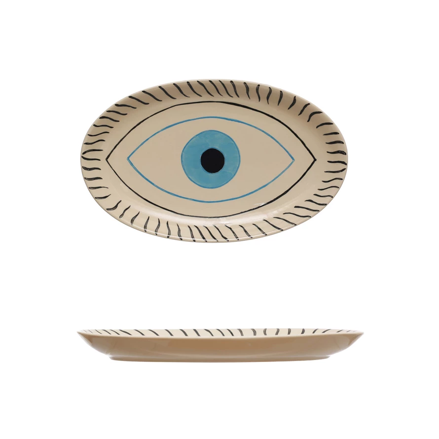 Hand-Painted Stoneware Platter with Evil Eye