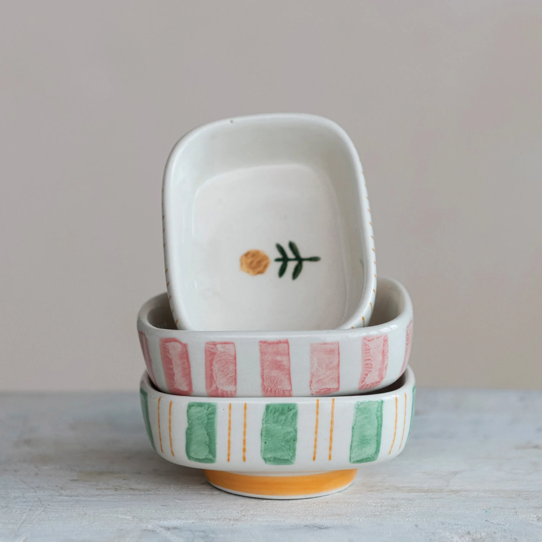 Hand-Painted Stoneware Dish with Stripes & Flower