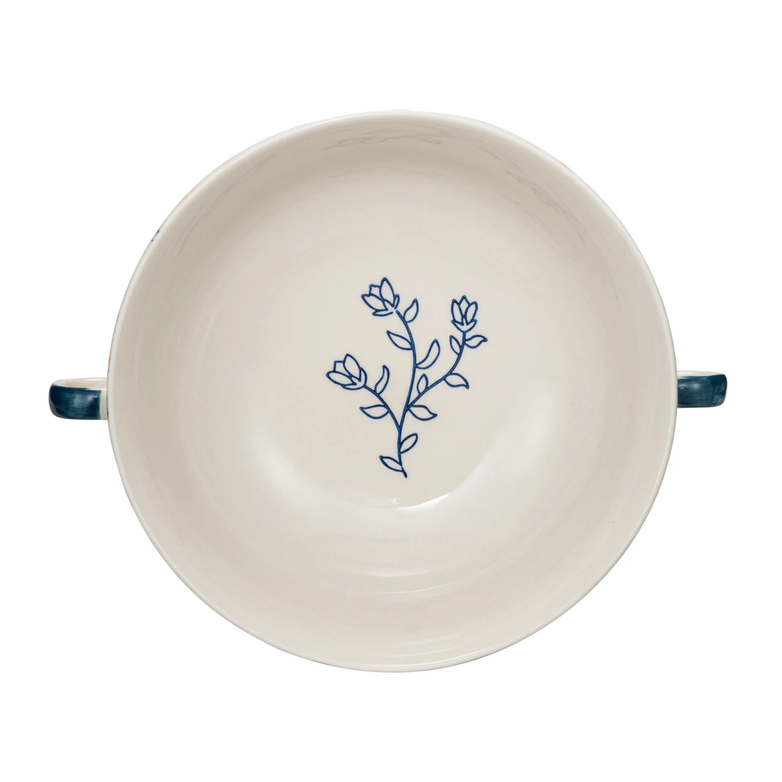 Hand-Painted Stoneware Footed Bowl with Handles & Stripes