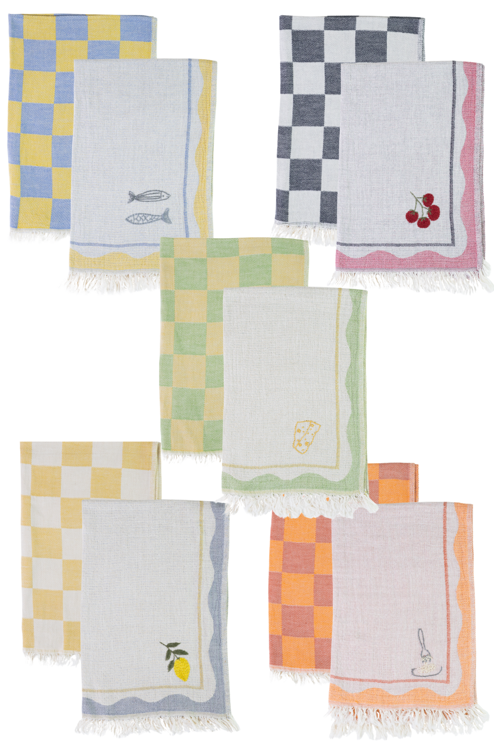 Collection of patterned hand towels with various designs on a white background