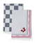 Two kitchen towels, one checkered and one with cherry design, on a white background