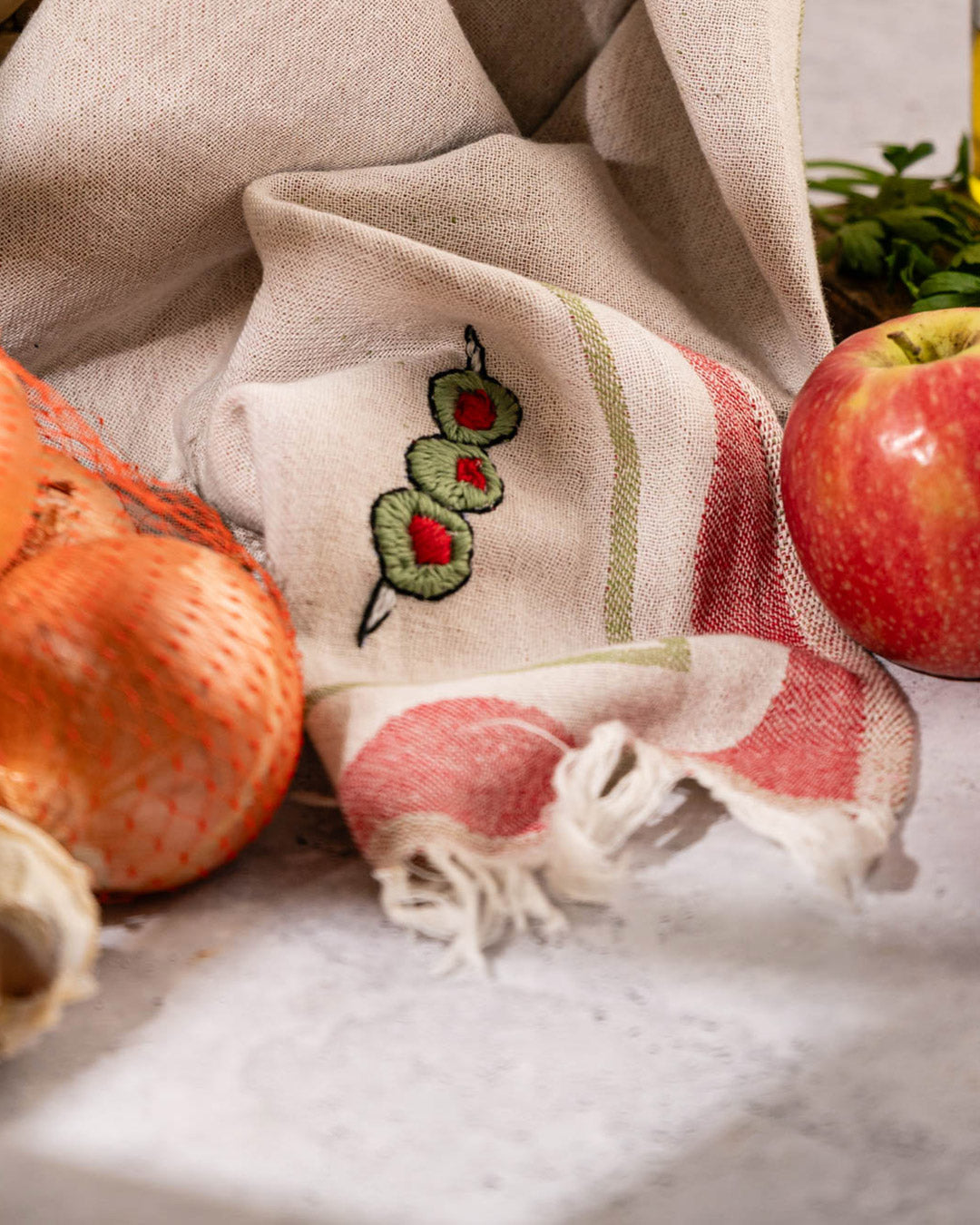 Olive Hand-Stitched Kitchen Towel