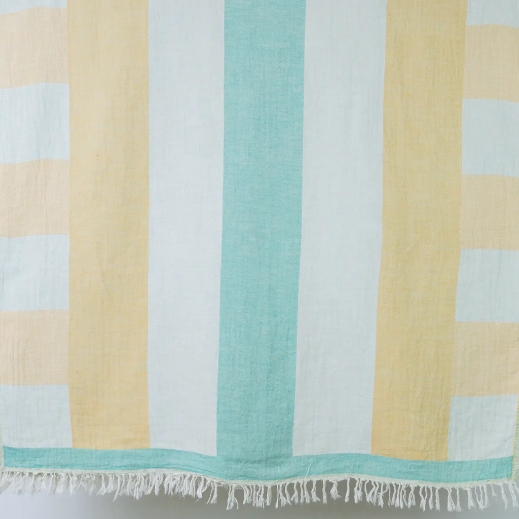 A beach towel with pastel yellow, seafoam green, and white stripes, with fringed edges, displayed on a vertical surface.