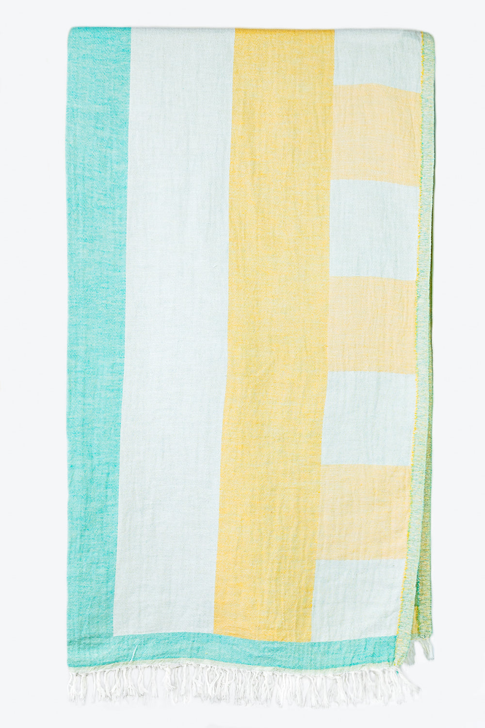 Colorful striped towel with a checkered pattern on a white background