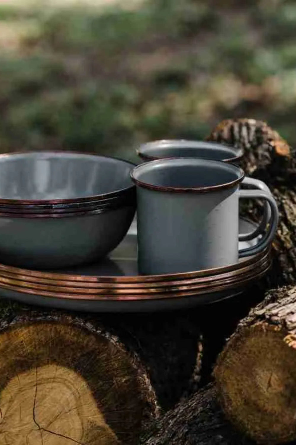 Enamel bowls and mugs on a wooden tray with a natural background