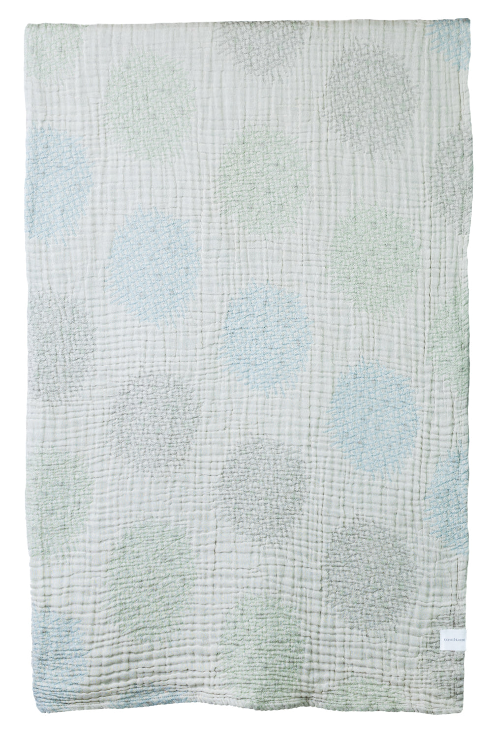 Textured fabric blanket with a gradient of blue and green on a white background