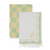 Two towels, one checkered green and yellow, the other white with a logo, on a white background.