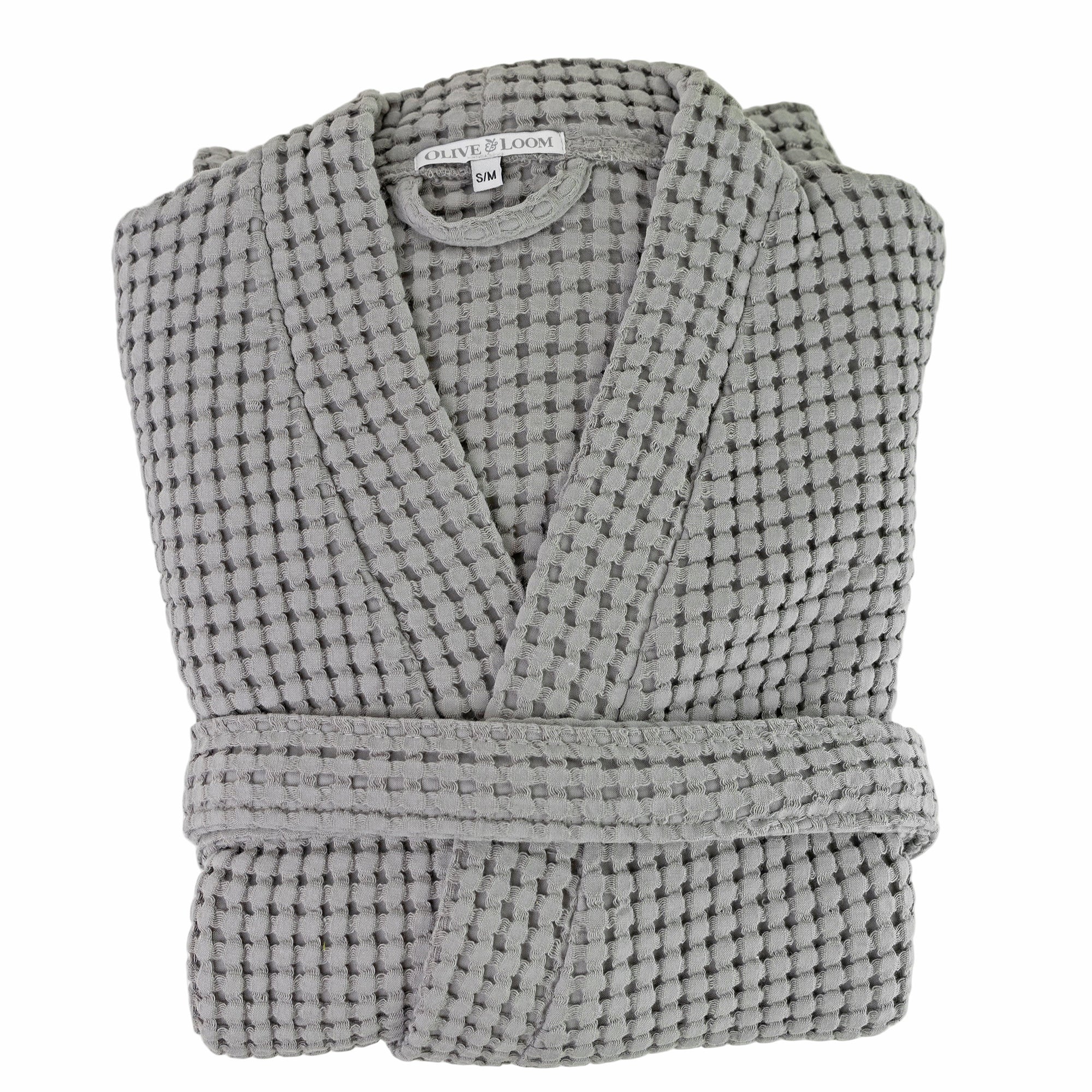 Grey waffle robe with a visible olive and loom brand label on a white background