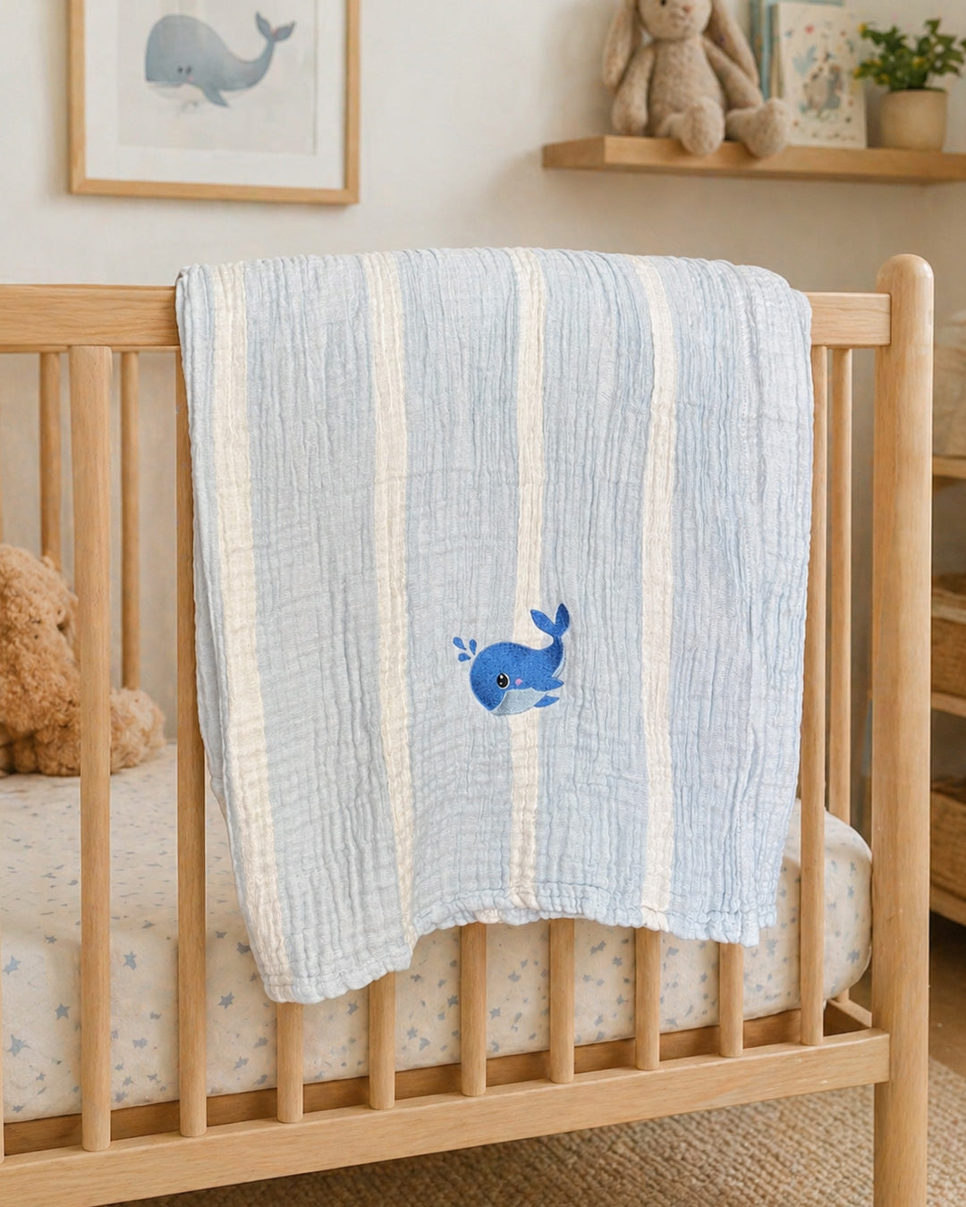 Whale Embroidered Muslin Baby Blanket