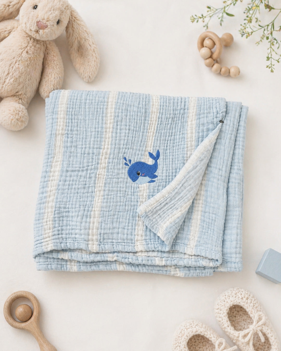 Whale Embroidered Muslin Baby Blanket